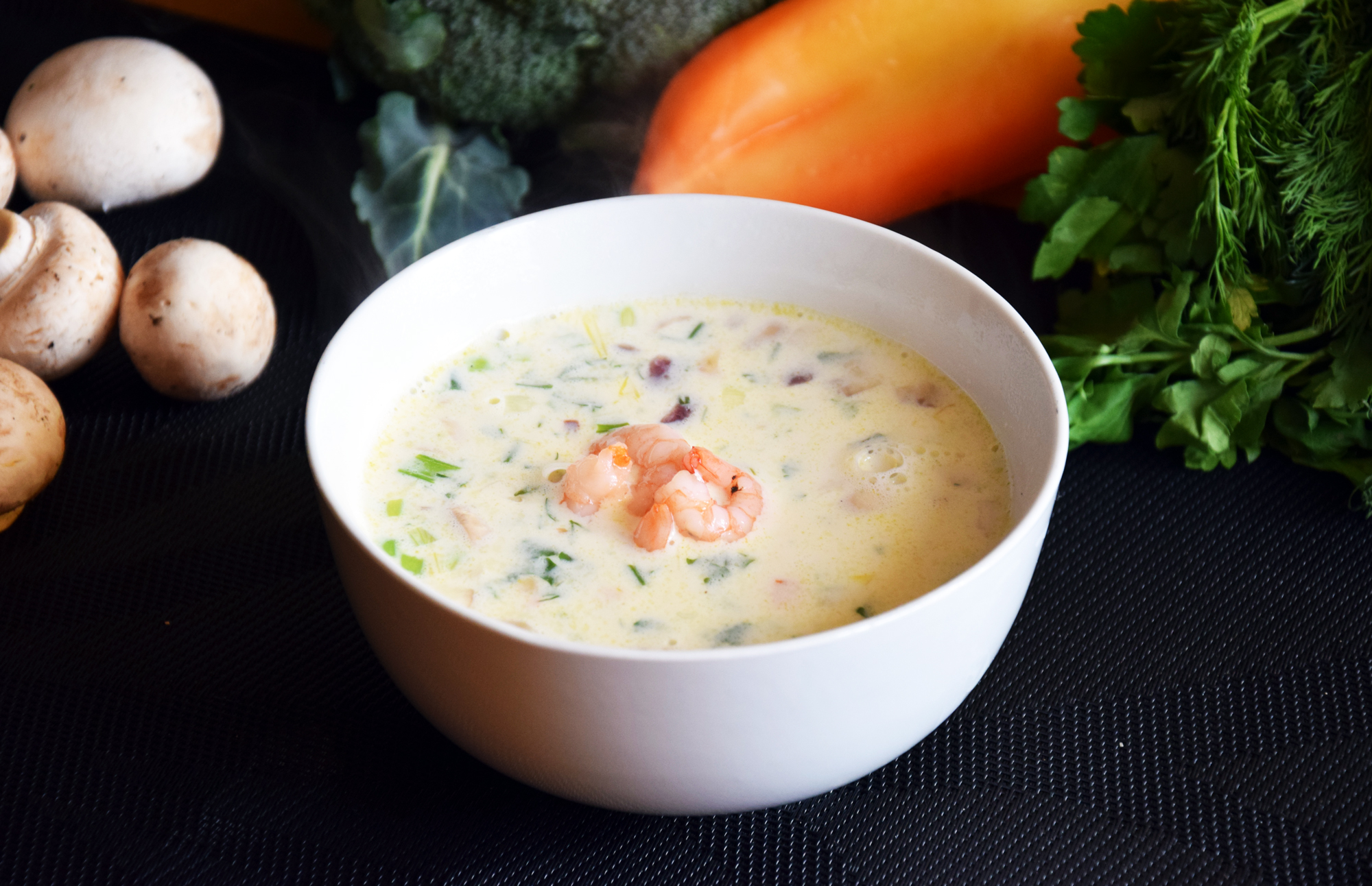 cheese-soup-with-shrimps-and-greens